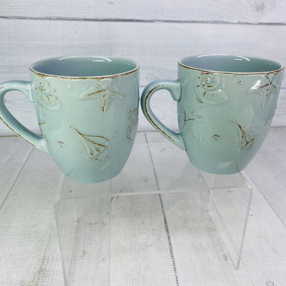 Thomson Pottery CAPE COD Embossed Seashells Stoneware 10.5oz 4"T Cups Mugs Set 2 - Picture 5 of 15